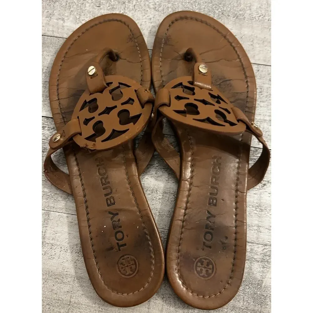 Tory Burch Miller Leather Logo Brown Sandals Thong Leather Sz 8